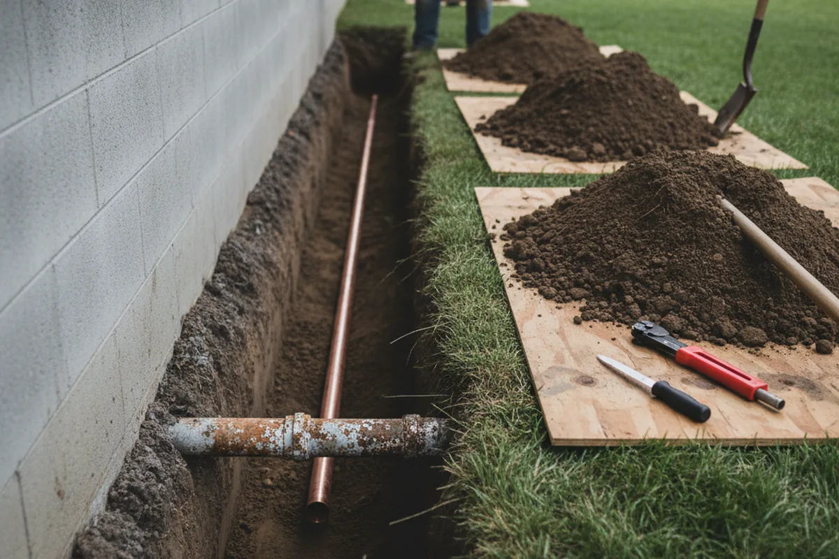 Excavated water line trench during Sewer Line Repair in Wathena